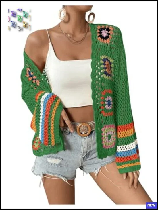 Floral Crochet Cardigan Open Front Long Sleeve Loose Boho Chic Sweater - Picture 5 of 6